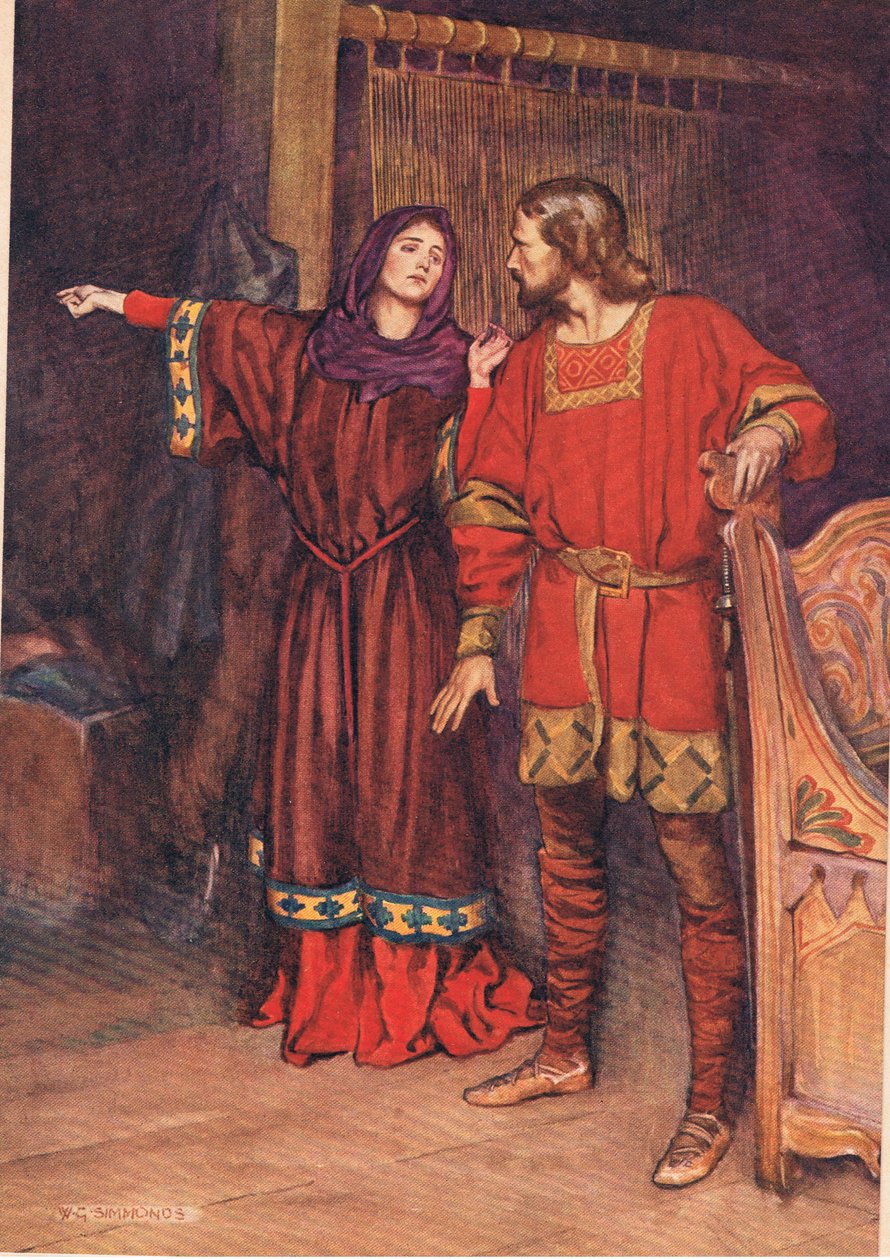 Gertrude ujawnia, że Hamlet zabił Poloniusza, z „Hamlet” Williama Szekspira, wydanie opublikowane przez Hodder und Stoughton w 1915 autorstwa W. G. Simmonds