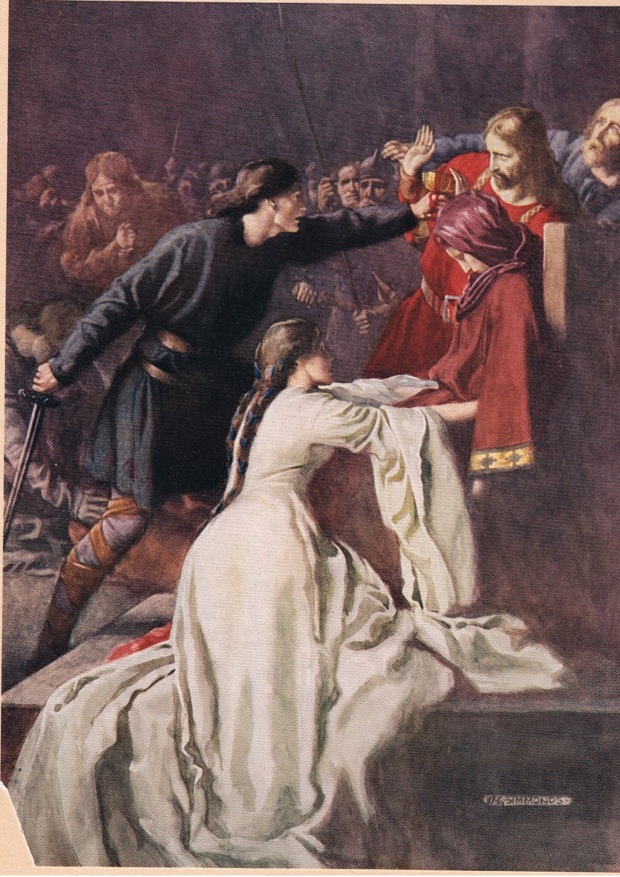 Hamlet zmusza króla do picia trucizny, z „Hamlet” Williama Szekspira, wydanie opublikowane przez Hodder und Stoughton w 1915 autorstwa W. G. Simmonds