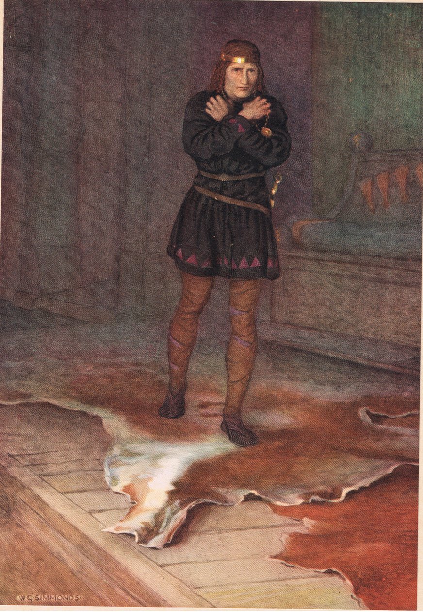 Hamlet knuje, jak zawzięcie będzie rozmawiał z matką, z „Hamleta” Williama Szekspira, wydanie opublikowane przez Hodder und Stoughton w 1915 r. autorstwa W. G. Simmonds
