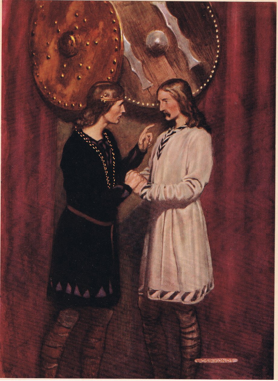 Hamlet rozmawia z Horatio, z „Hamleta” Williama Szekspira, wydanie opublikowane przez Hodder und Stoughton w 1915 autorstwa W. G. Simmonds