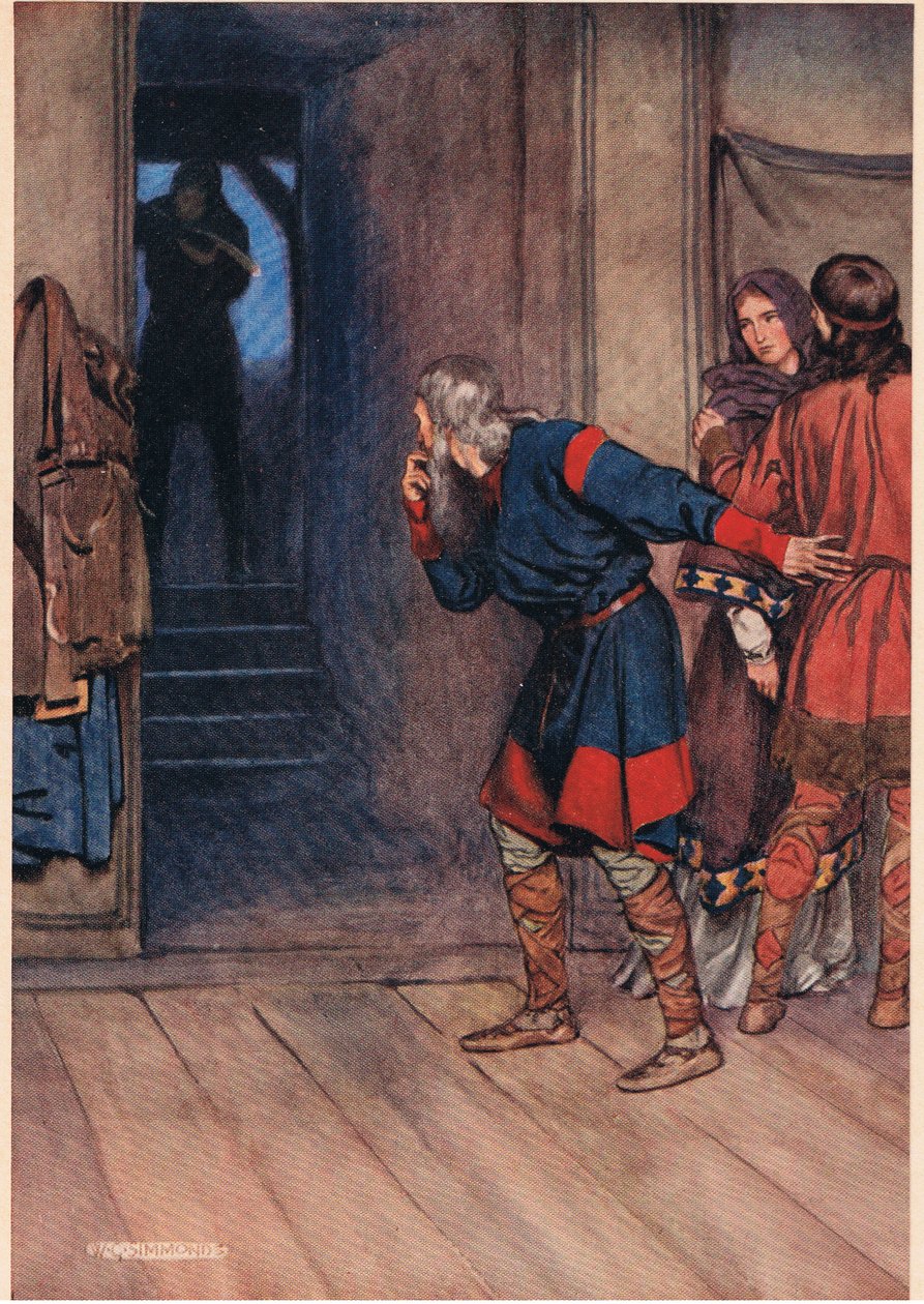 Poloniusz sprawdza zdrowie psychiczne Hamleta, podczas gdy król i królowa obserwują, z „Hamlet” Williama Szekspira, wydanie opublikowane przez Hodder und Stoughton w 1915 autorstwa W. G. Simmonds