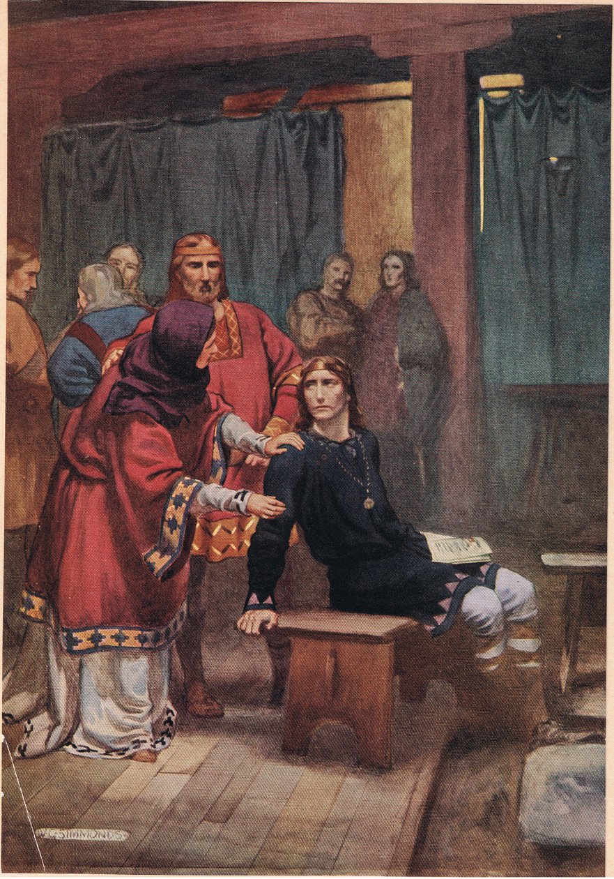 Królowa próbuje pocieszyć Hamleta, z „Hamleta” Williama Szekspira, wydanie wydane przez Hodder und Stoughton w 1915 r. autorstwa W. G. Simmonds