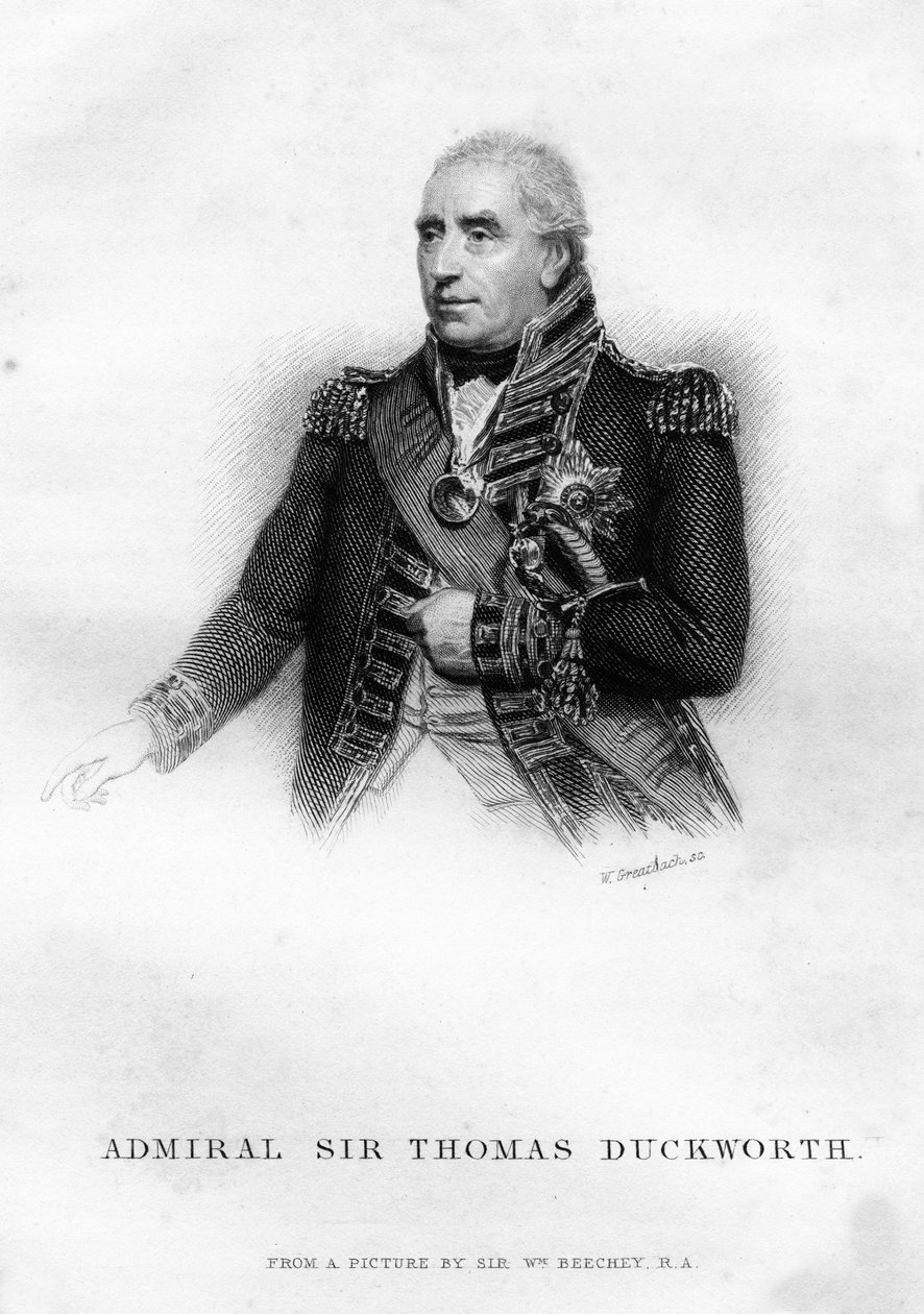 Sir John Thomas Duckworth 1747-1817, brytyjski oficer marynarki, 1837. autorstwa W. Greatbatch