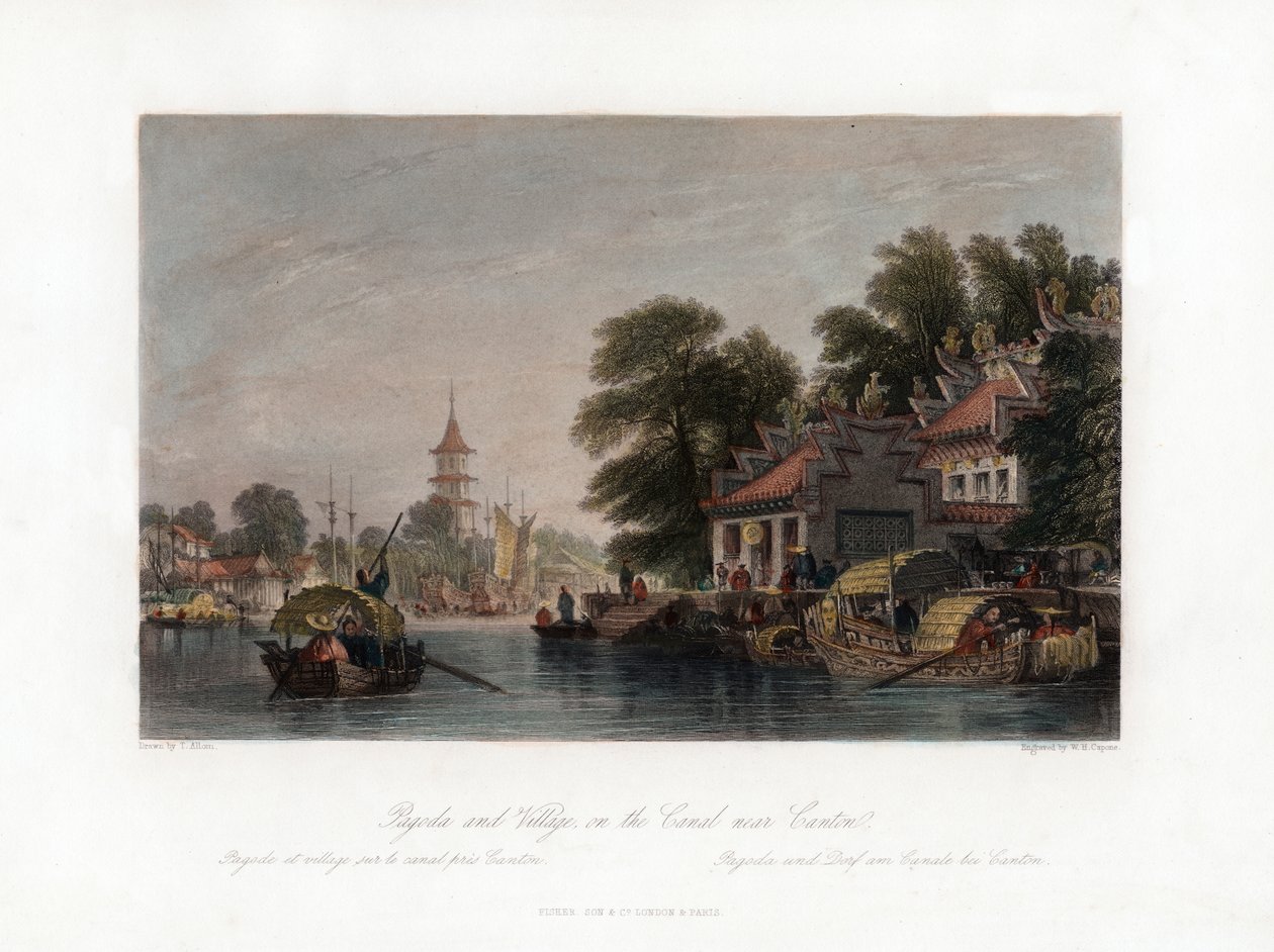 Pagoda i wioska nad kanałem w pobliżu Kantonu, Chiny, ok. 1840 r. autorstwa W. H. Capone