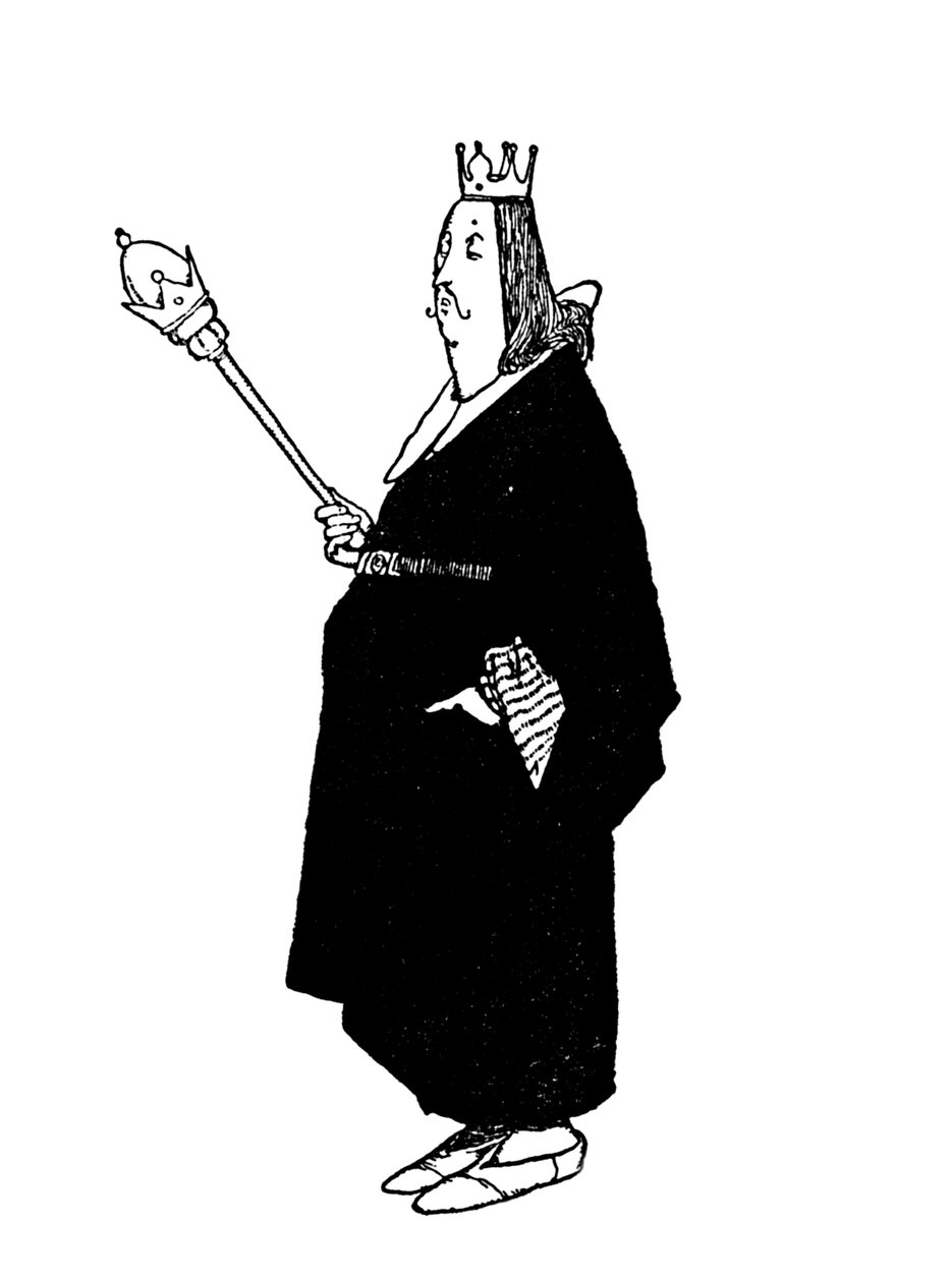 Na razie nic nie mówię, zauważył król, ok. 1930 autorstwa William Heath Robinson