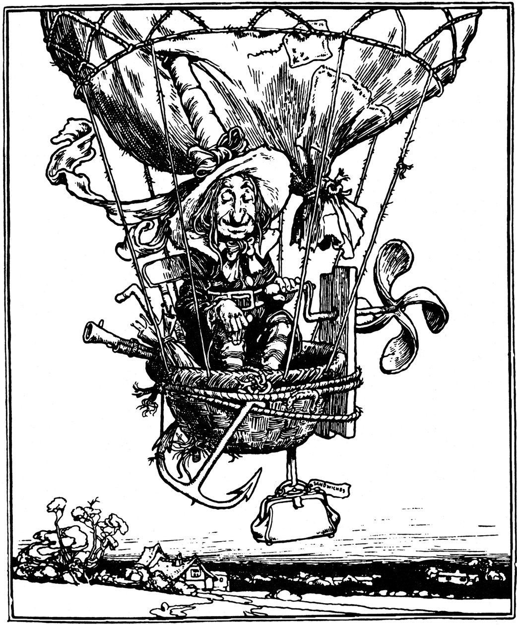 Ilustracja z książki dla dzieci Przygody wujka Lubina, 1902. autorstwa William Heath Robinson