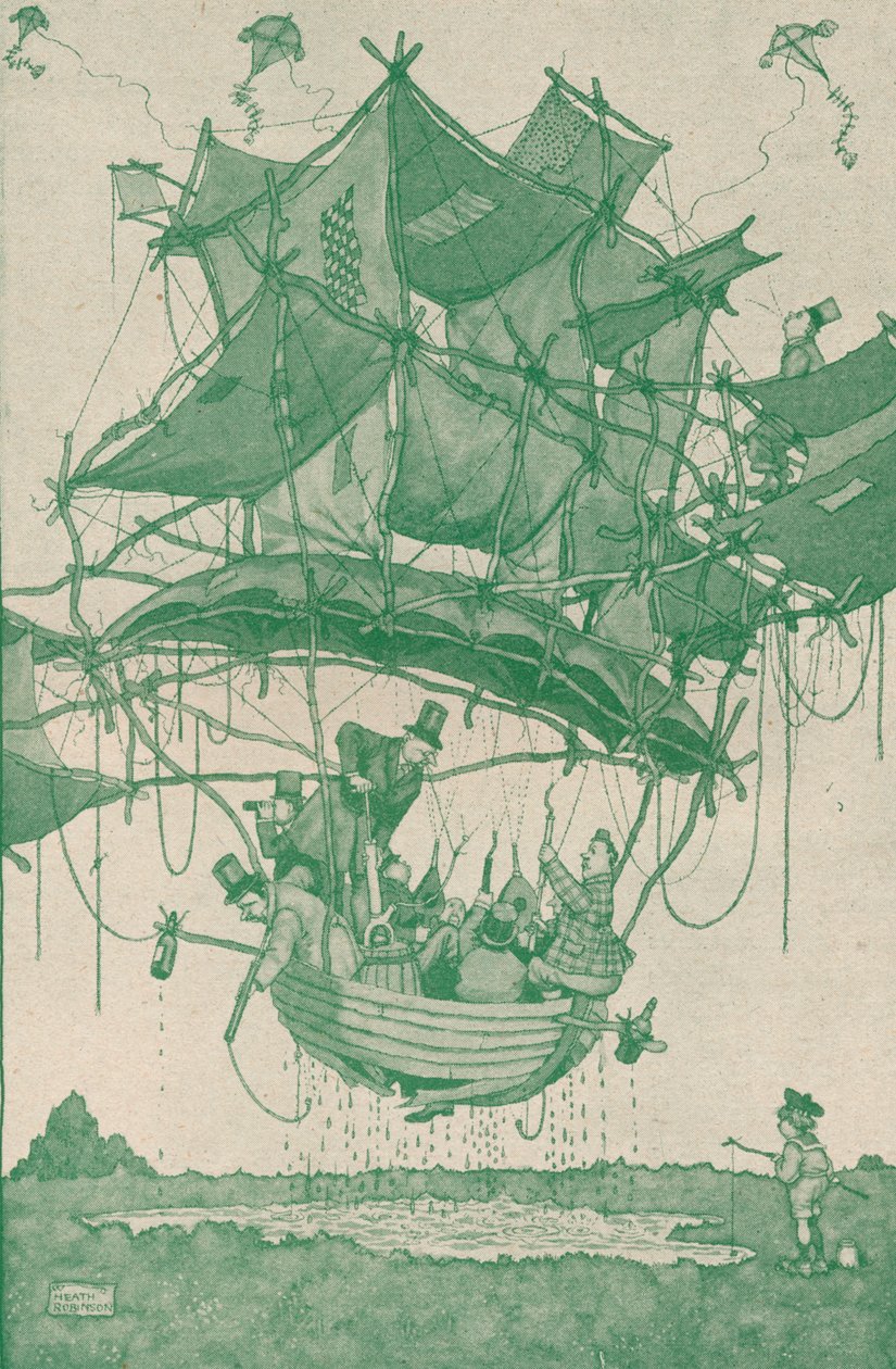 Dość wczesny typ wodnosamolotu wykonujący lot próbny z Hampstead Ponds, c1918 1919 autorstwa William Heath Robinson
