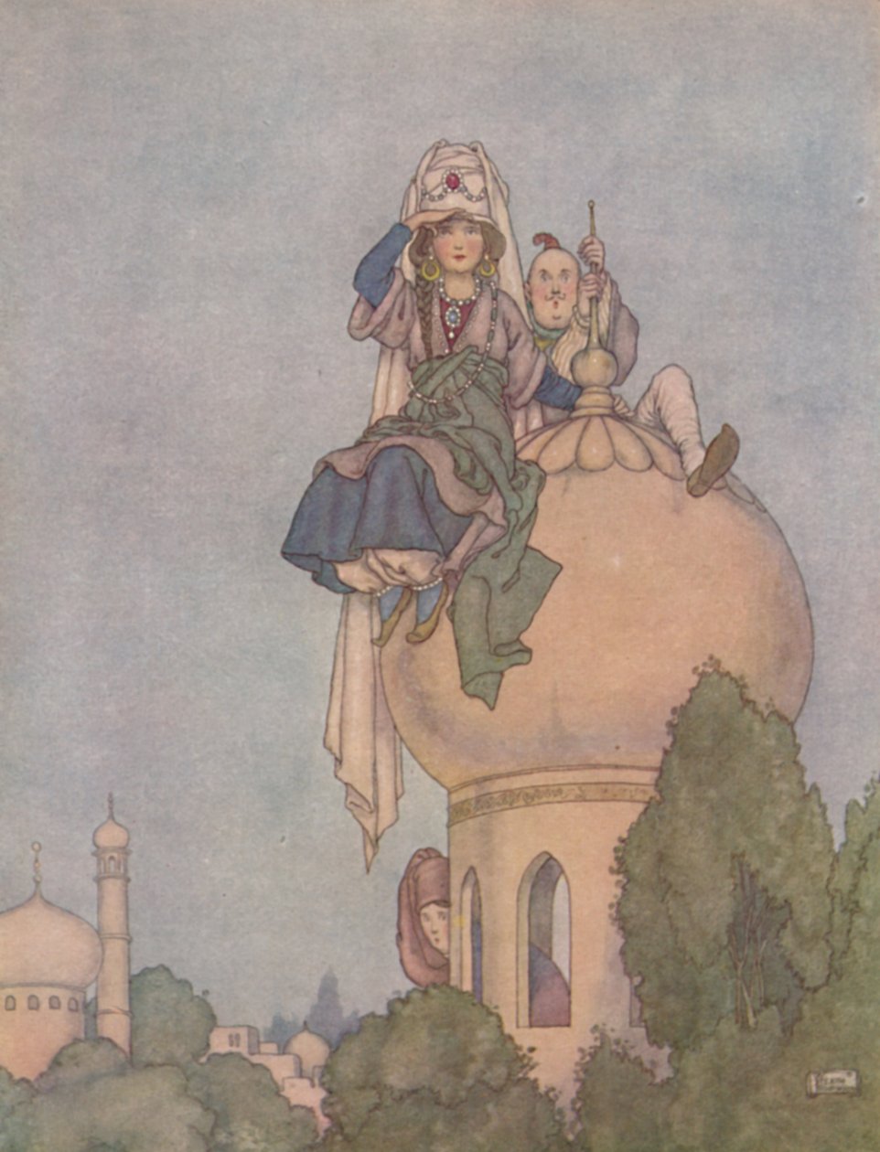 Siedziała przez cały dzień na dachu swojego pałacu, oczekując go, ok. 1930 autorstwa William Heath Robinson