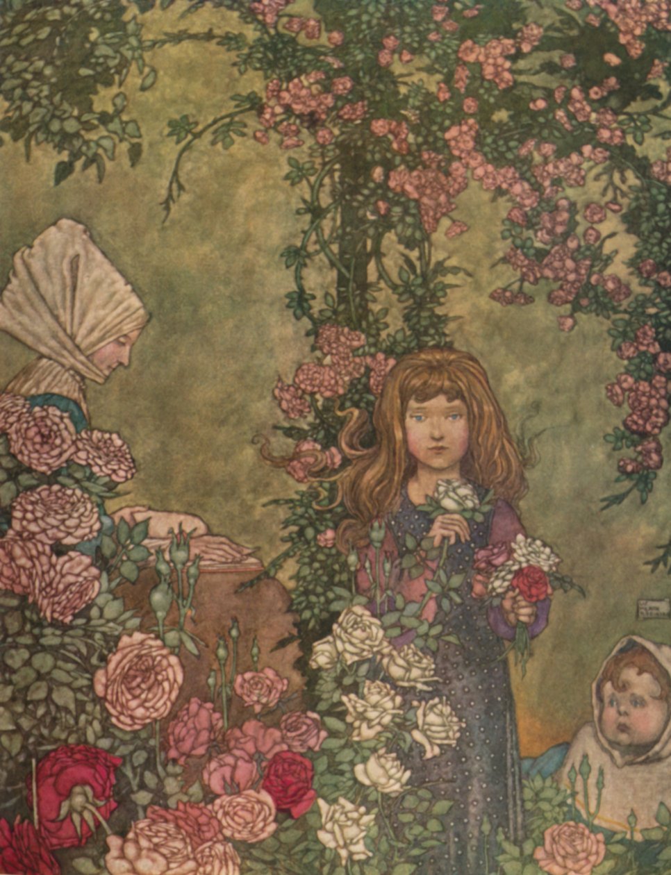 Chłopska żona siedziała w niedziele w drzwiach swojej chaty i czytała hymn, ok. 1930 autorstwa William Heath Robinson