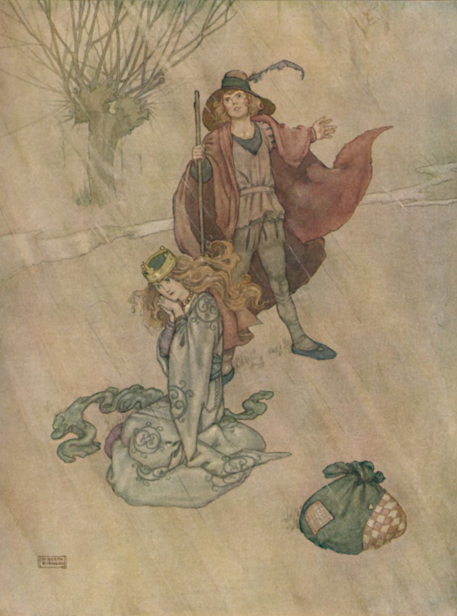Zbesztany świniopas i lany deszcz, ok. 1930 r autorstwa William Heath Robinson