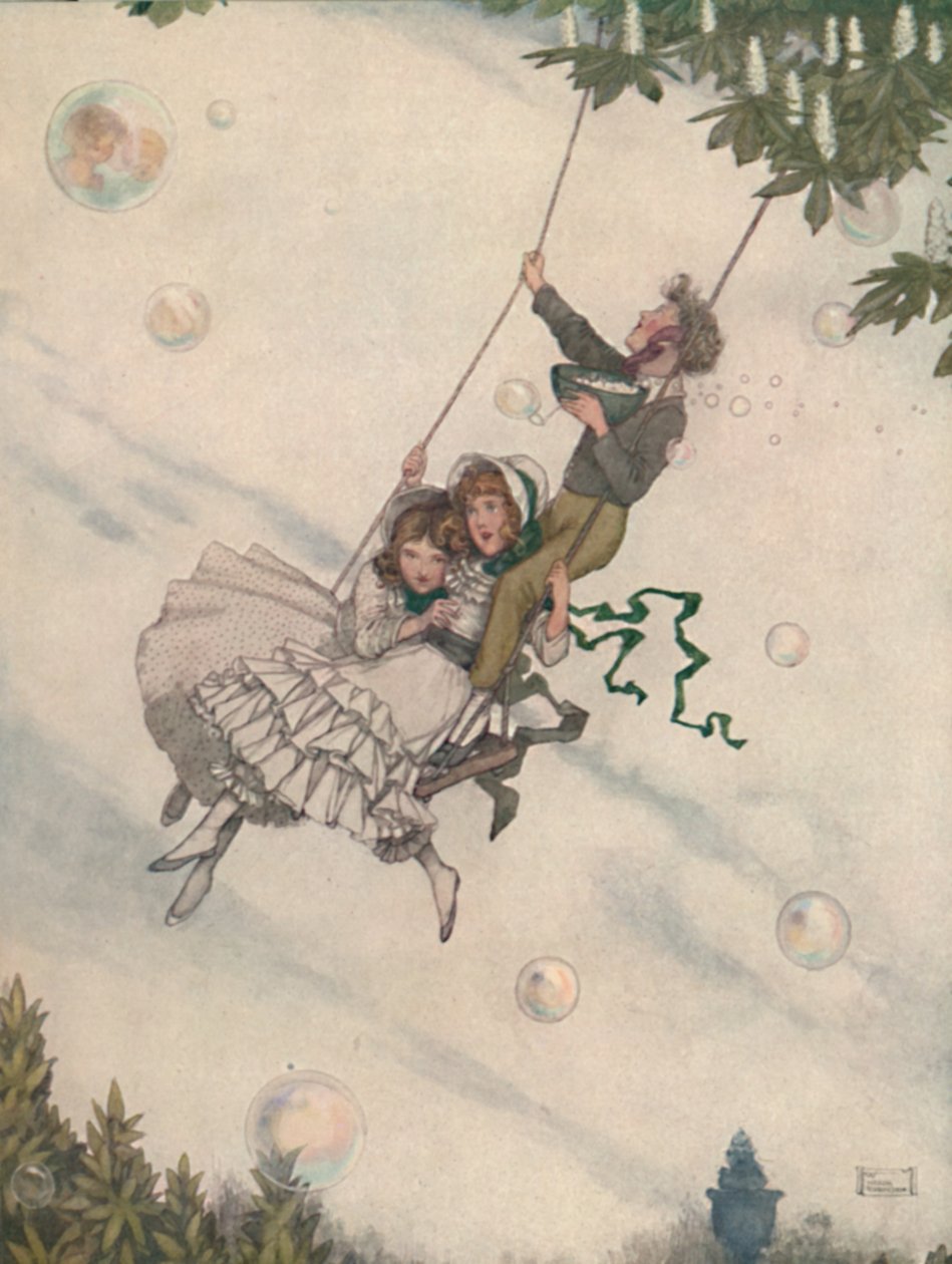 Huśtawka porusza się i bąbelki lecą w górę, ok. 1930 r. autorstwa William Heath Robinson