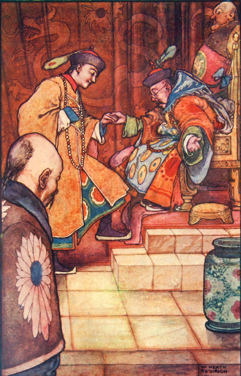 Gdy młodzieniec upadł do jego stóp, sułtan trzymał go za rękę, ok. 1930. autorstwa William Heath Robinson