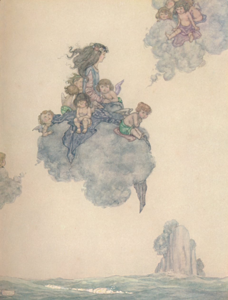 Z resztą jej dzieci powietrza, wzbiły się wysoko nad różową chmurą, ok. 1930 r autorstwa William Heath Robinson