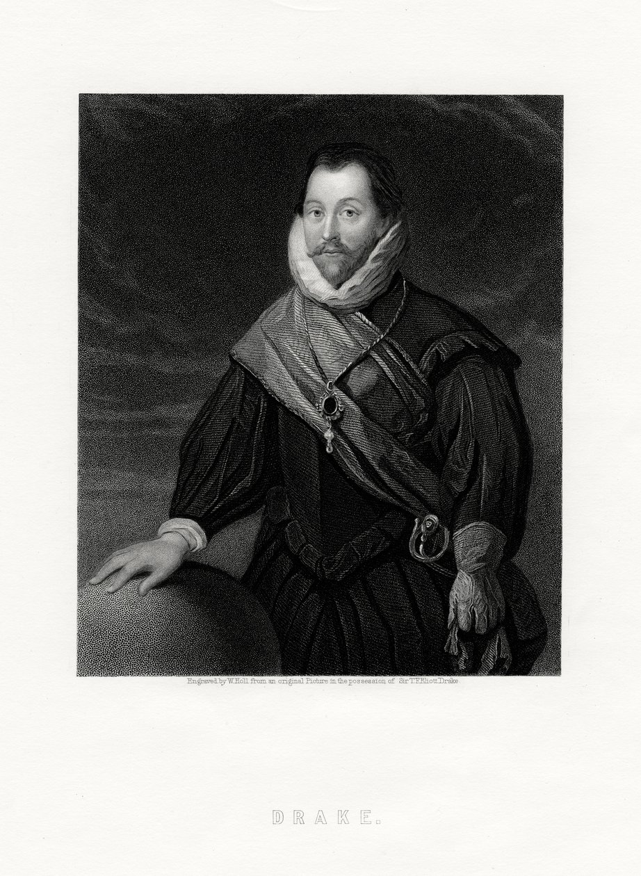 Sir Francis Drake, angielski korsarz, nawigator, pionier marynarki, polityk, XIX w. autorstwa W. Holl