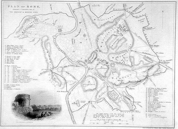Rzym, Włochy: Mapa porównawcza starożytnych i współczesnych miejsc, c.1850 (grawerowanie) autorstwa W Hughes