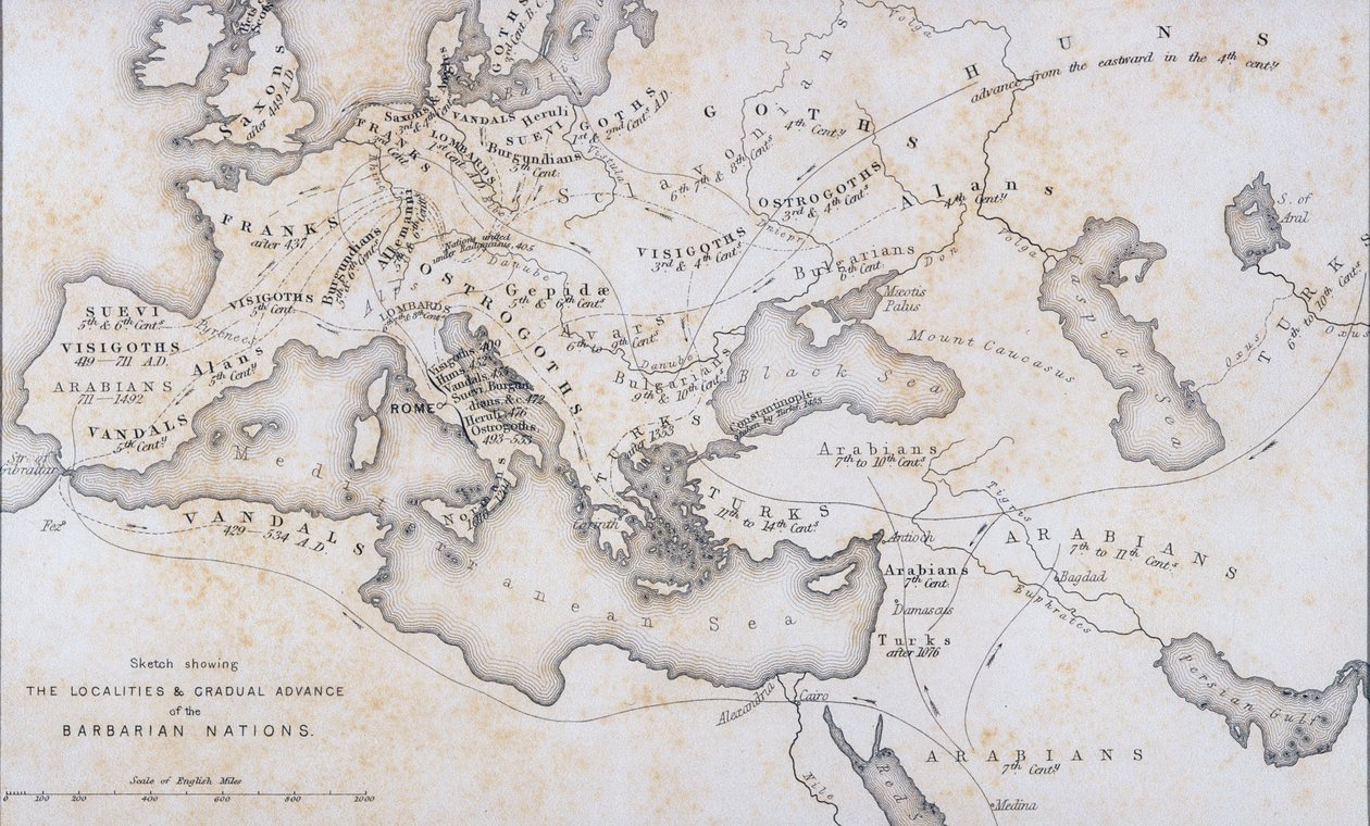 Miejscowości i stopniowy postęp narodów barbarzyńskich, ok. 1850 r autorstwa W Hughes