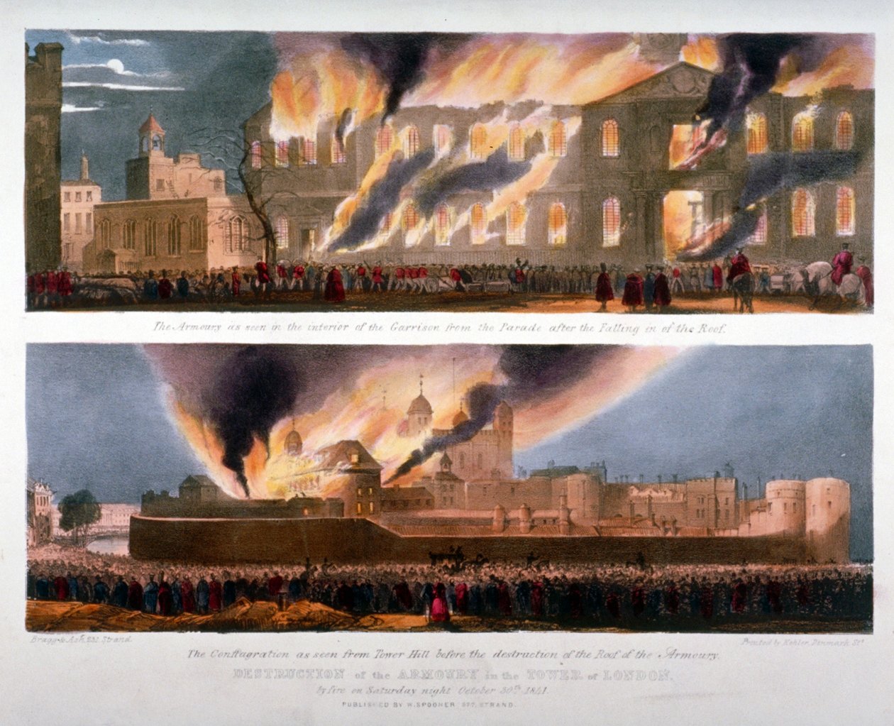 Dwa widoki zniszczenia zbrojowni w Tower of London przez pożar, 30 października 1841 r autorstwa W Kohler and Co