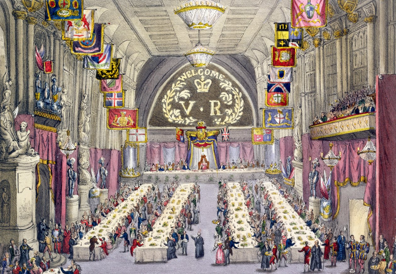 Common Crier ogłaszający toast za zdrowie królowej Wiktorii na bankiecie w Guildhall, 1837 autorstwa W. Lake