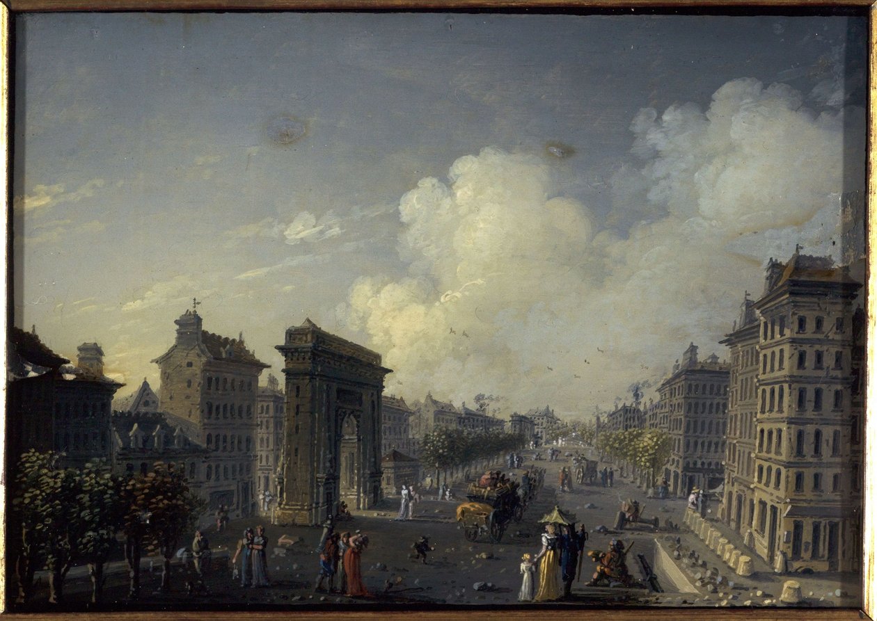 La porte de Saint-Denis et le boulevard, między 1801 a 1850 (olej na jedwabiu, szkło) autorstwa W. Lebelle