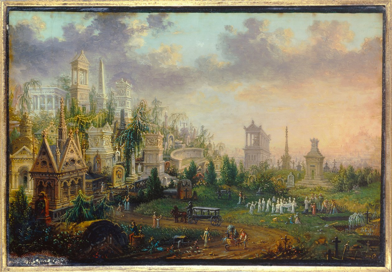 Cmentarz Pere lachaise w Paryżu Obraz Lebelle (XIX w.) 1835 nd. 0,16x0,12 m Paryż, Muzeum Carnavalet autorstwa W. Lebelle