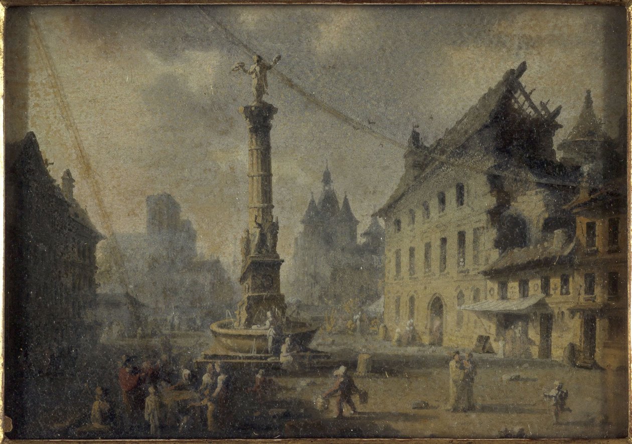 Place du Châtelet, w 1809 roku, w 1809 roku (olej na jedwabiu, szkło) autorstwa W. Lebelle