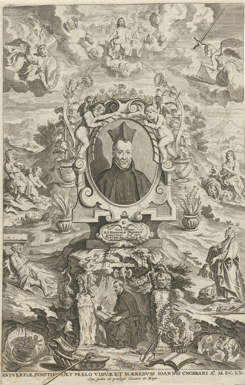 Portret Jeremiasa Drexela Strona tytułowa dla: JE. Drexel, De sonne-bloeme oft Vande over-a-cominge van den menscheliicken wille met de[n] godtliicke[n], 1660 autorstwa W Merel van