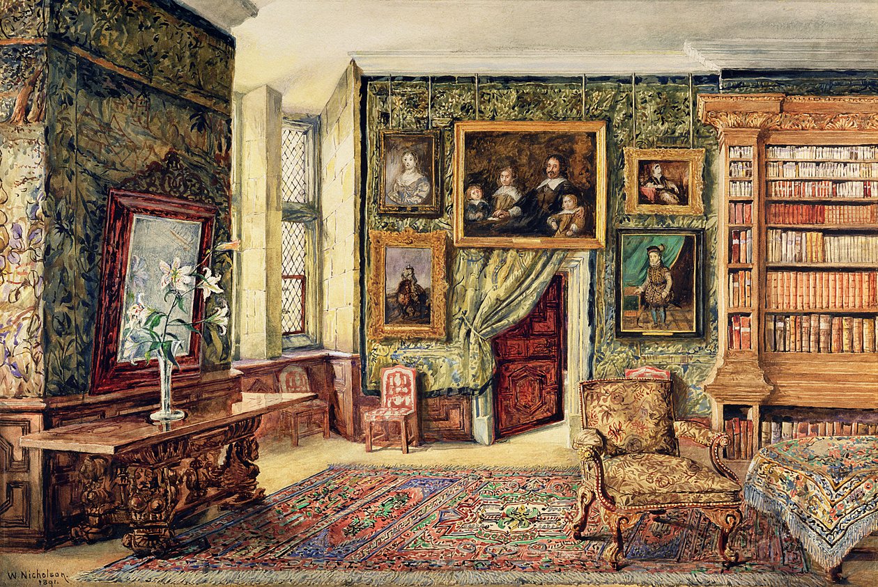 Biblioteka w Hardwick Hall, Derbyshire, 1891 (wc) autorstwa W. Nicholson