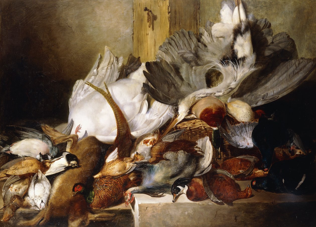 Martwa natura martwych ptaków; Czapla wisząca na ścianie, kaczka, bażant, kuropatwa, słonka, łabędź i gołąb z zającem, 1845 autorstwa W. Oakes