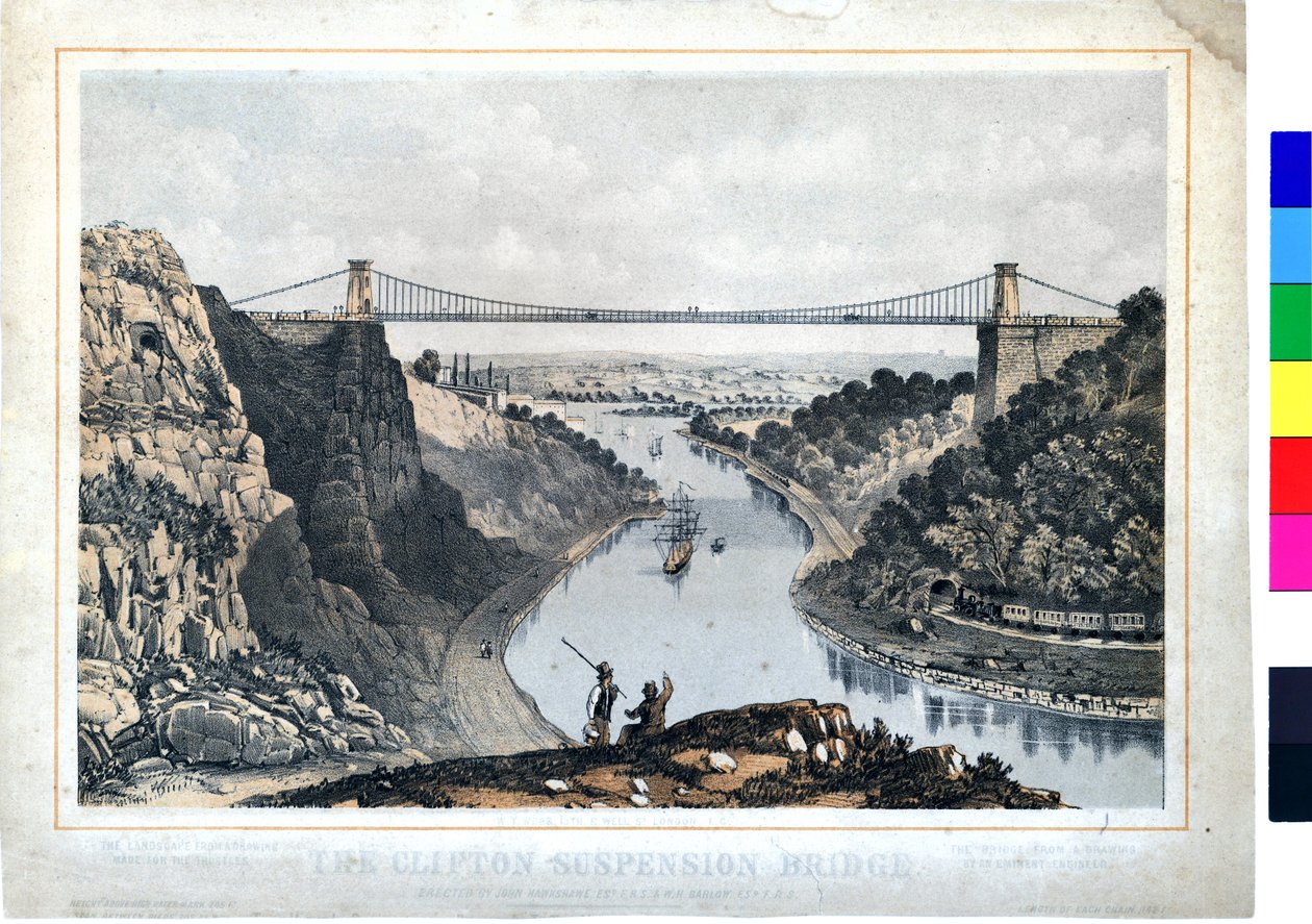 Clifton Suspension Bridge, ok. 1864 (ręcznie kolorowana litografia na papierze) autorstwa W. T. Webb