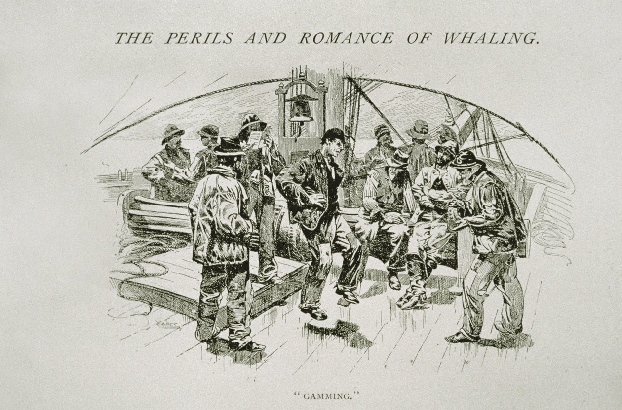 „Gaming” (wielorybniki odpoczywają i tańczą na pokładzie), dla „Niebezpieczeństwa i romansu wielorybnictwa” w Century Magazine, sierpień 1890 (rycina) autorstwa W. Taber