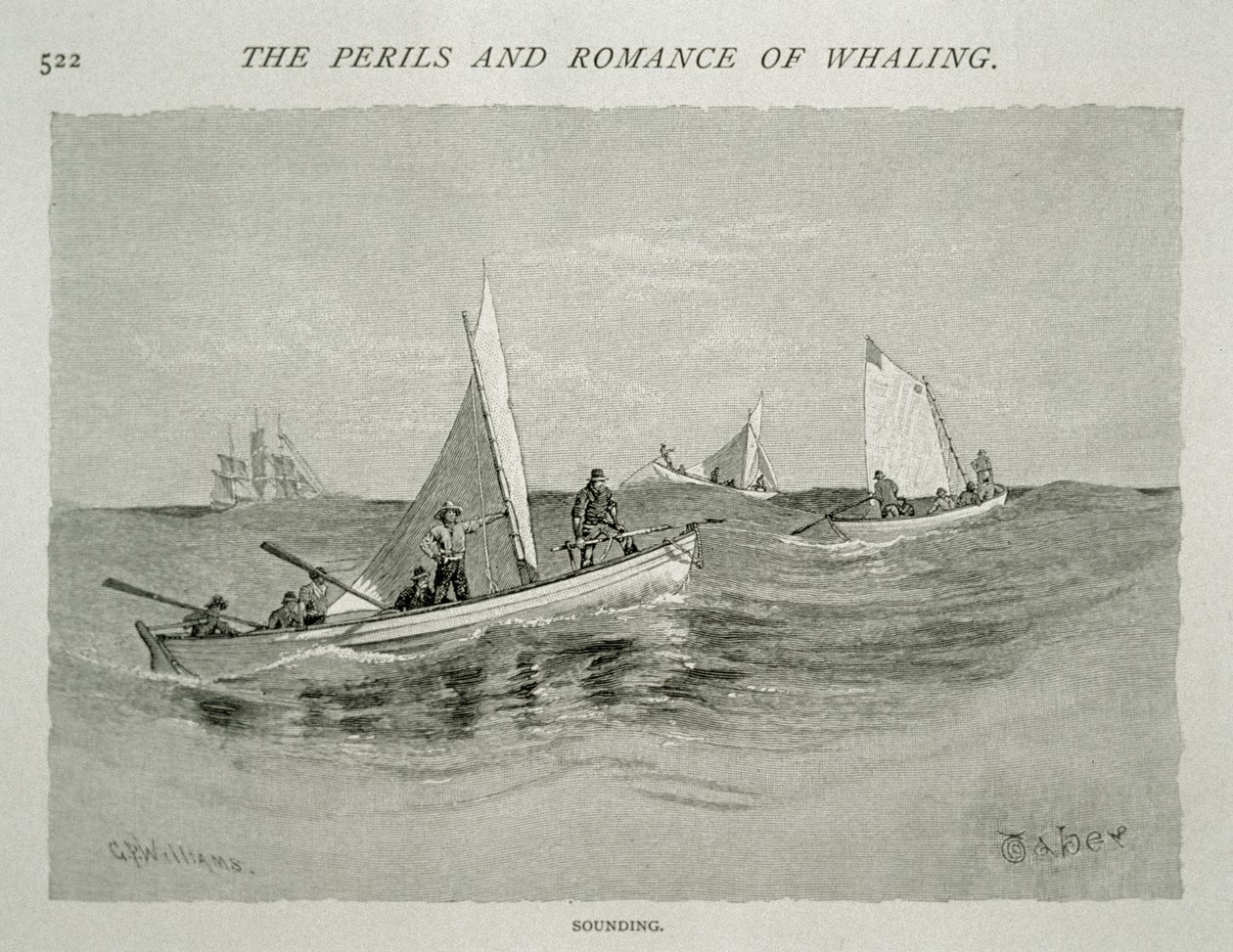 „Sounding” (załogi małych łodzi z ręcznymi harpunami przygotowują się do polowania), za „The Perils and Romance of Whaling” w Century Magazine, czerwiec 1890 (rycina) autorstwa W. Taber