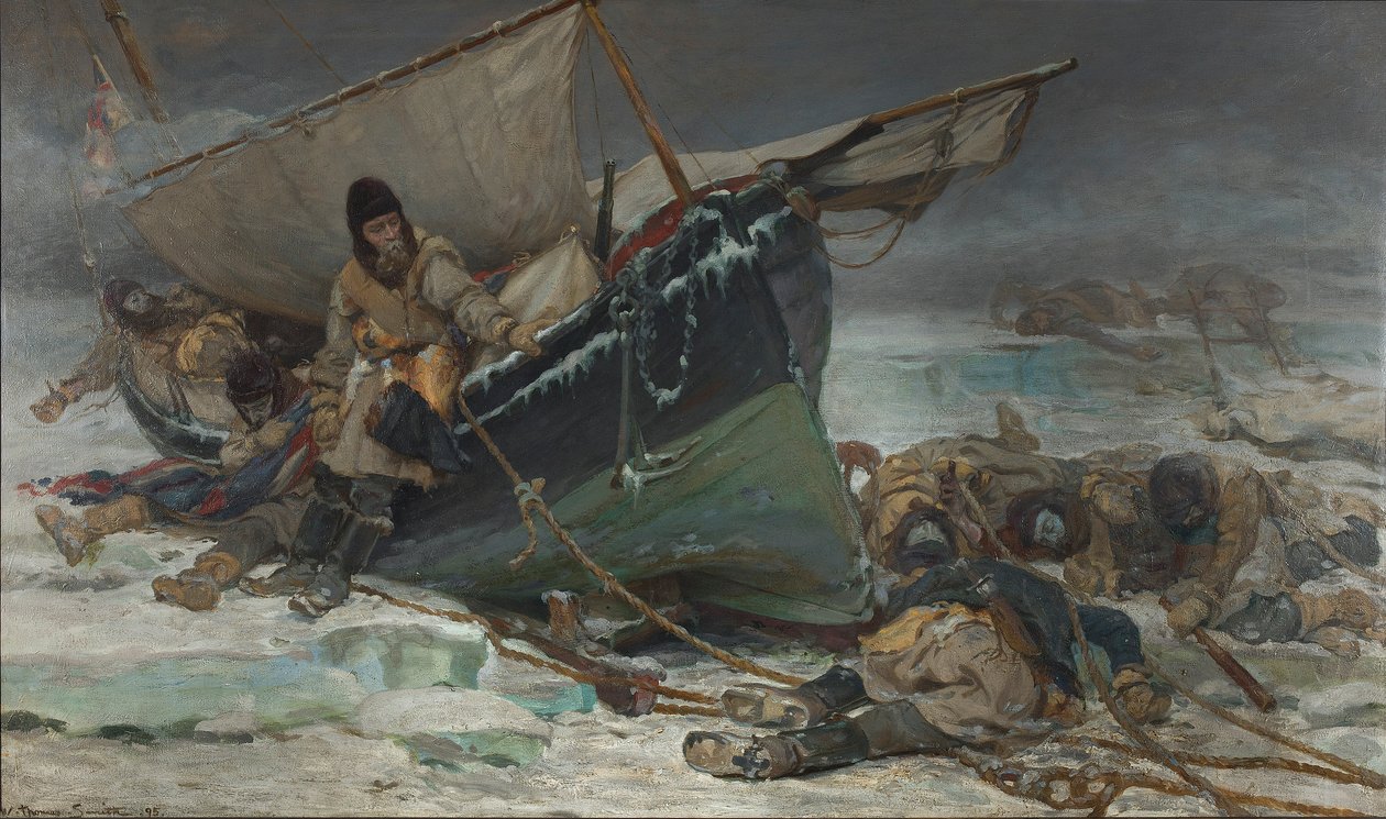 Sir John Franklin umierający przy swojej łodzi podczas wyprawy HMS "Erebus" i "Terror" przez Przejście Północno-Zachodnie. autorstwa W. Thomas Smith