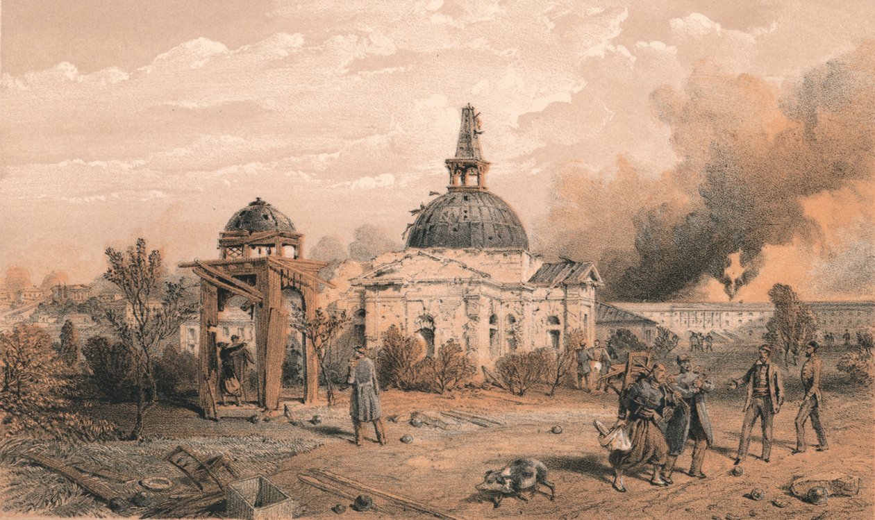 „Kościół na tyłach Redanu, patrząc na północ – ukazuje skutki strzału i pocisku”, 1856 autorstwa W Trask