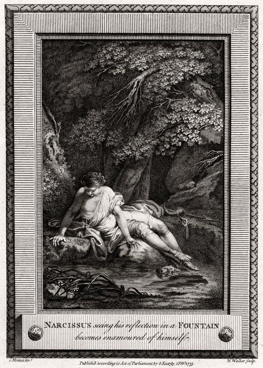 Narcyz widząc swoje odbicie w źródle rozkochał się w sobie, 1775 autorstwa W. Walker