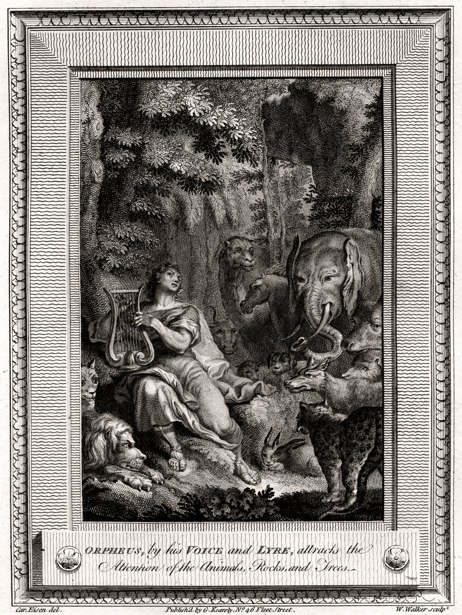 Orfeusz swoim Głosem i Lirą przyciąga uwagę Zwierzęta, skały i drzewa, 1774. autorstwa W. Walker