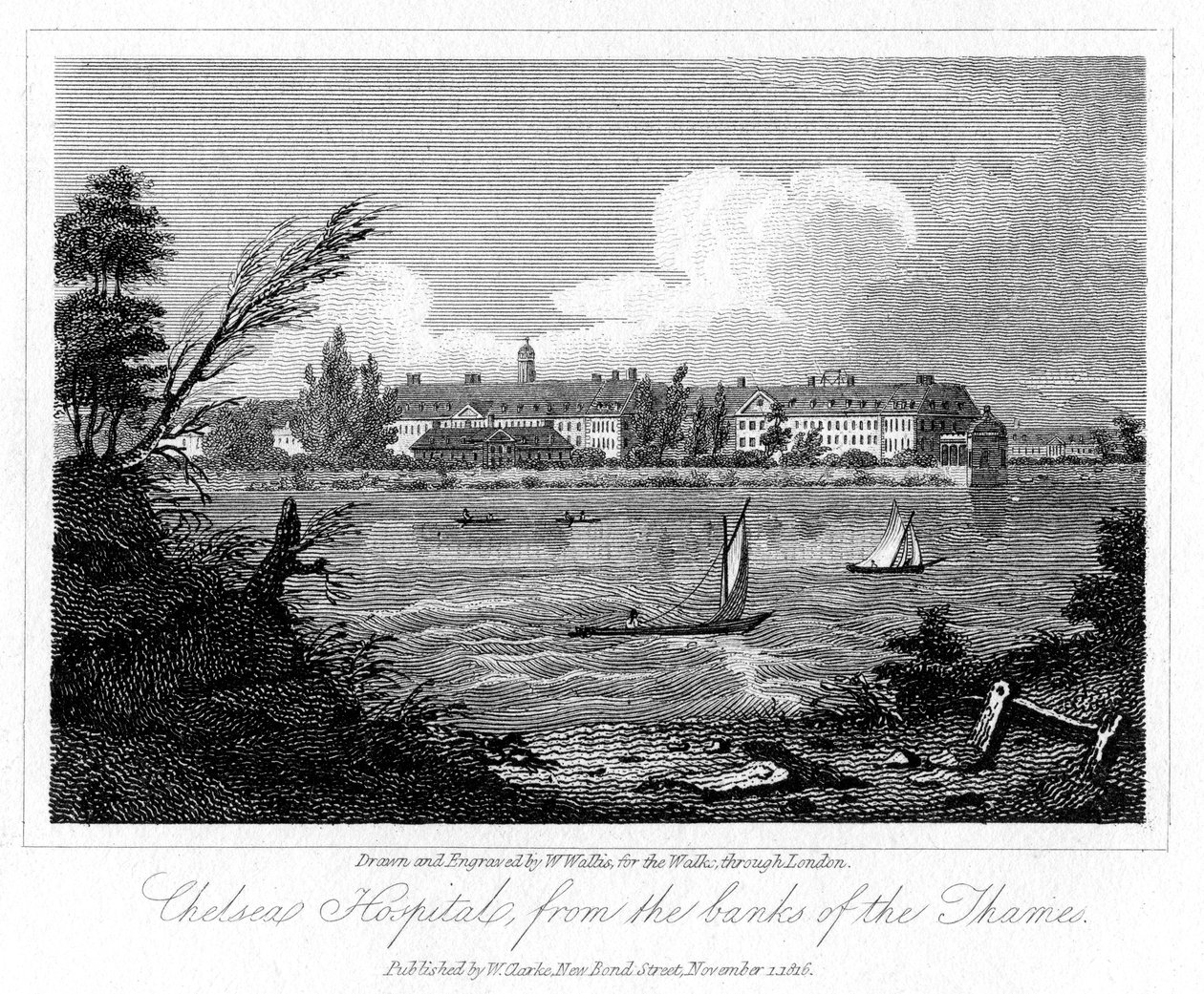 Szpital Chelsea, od Banks of the Thames, Londyn, 1816. autorstwa W. Wallis