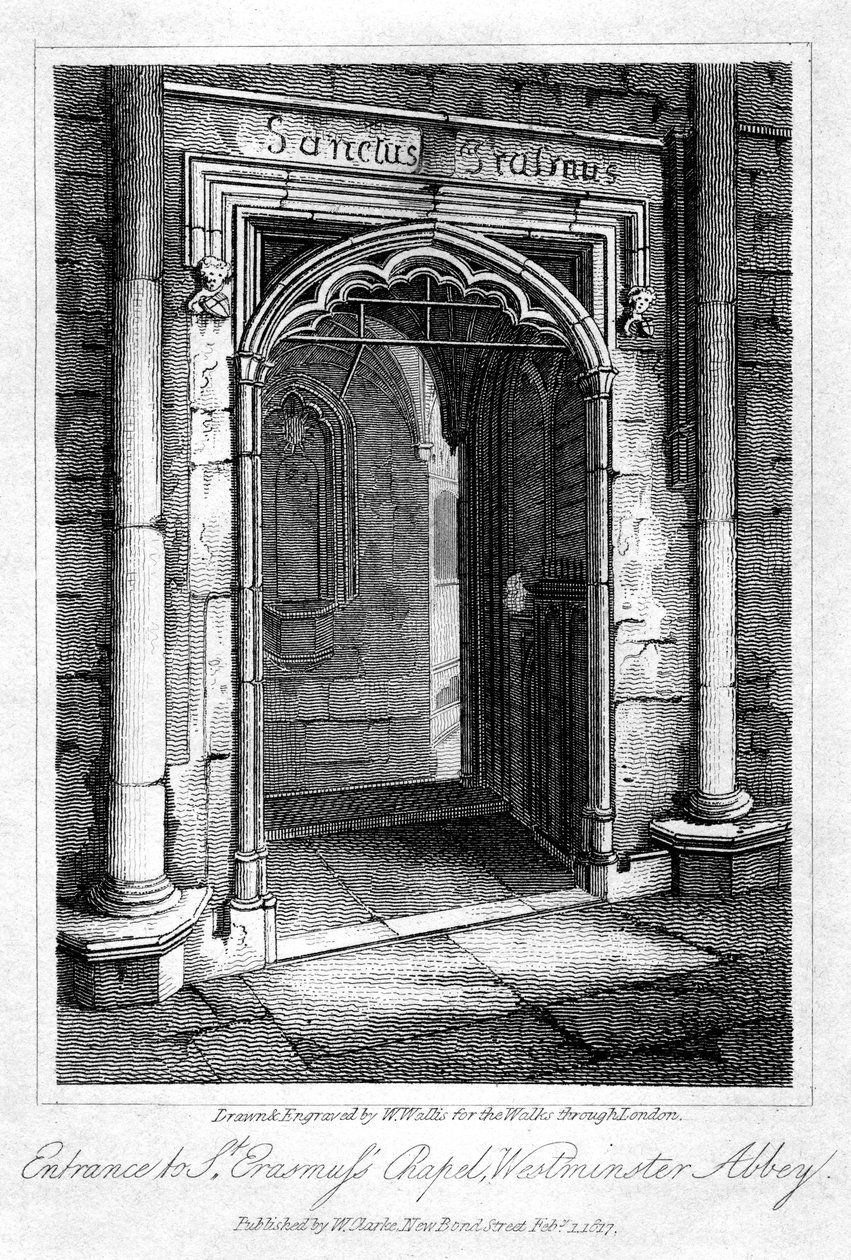 Wejście do kaplicy św. Erazma, Opactwo Westminsterskie, Londyn, 1817. autorstwa W. Wallis