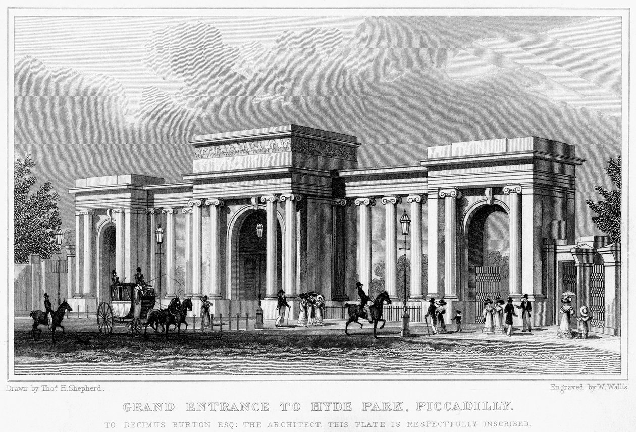 Wielkie wejście do Hyde Parku, Piccadilly, Westminster, Londyn, XIX wiek. autorstwa W. Wallis