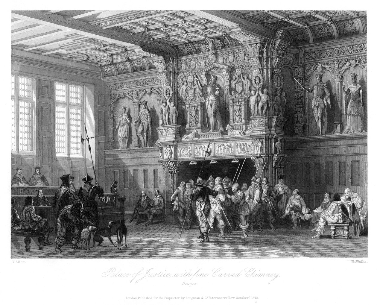 Pałac Sprawiedliwości, z pięknie rzeźbionym kominem, Brugia, 1840 autorstwa W. Wallis