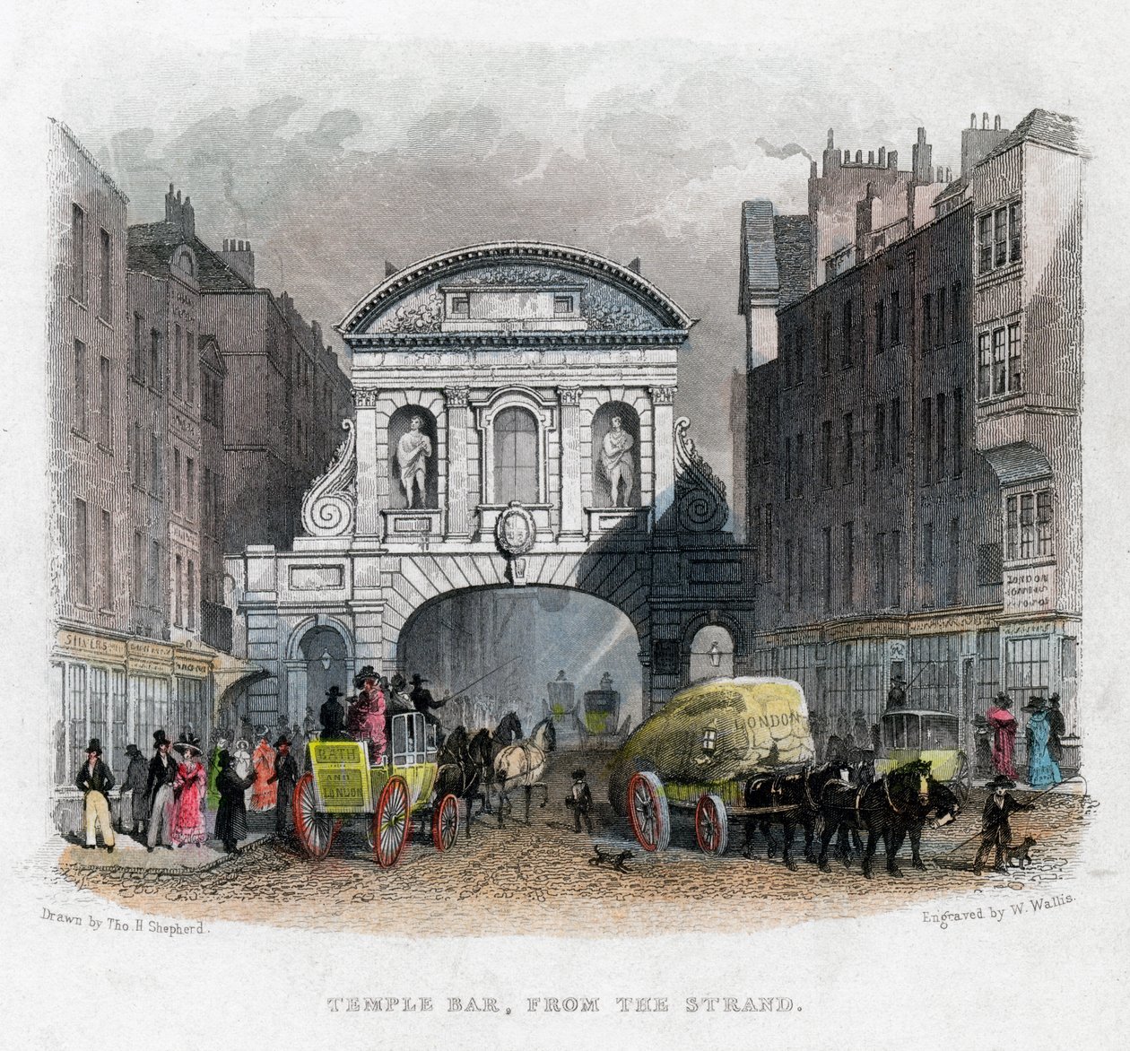 Temple Bar, z Strand, Londyn, 1829. autorstwa W. Wallis