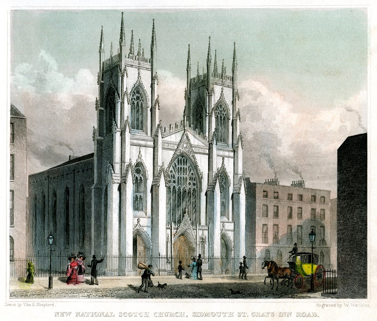 New National Scotch Church, Sidmouth Street i Grays Inn Road, Londyn, 1829. autorstwa W Watkins