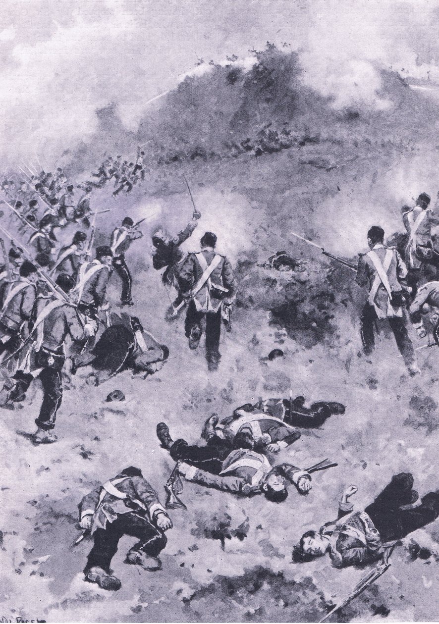 Szturm na Redan, ilustracja z brytyjskich bitew lądowych i morskich, 1915 autorstwa Wal Paget