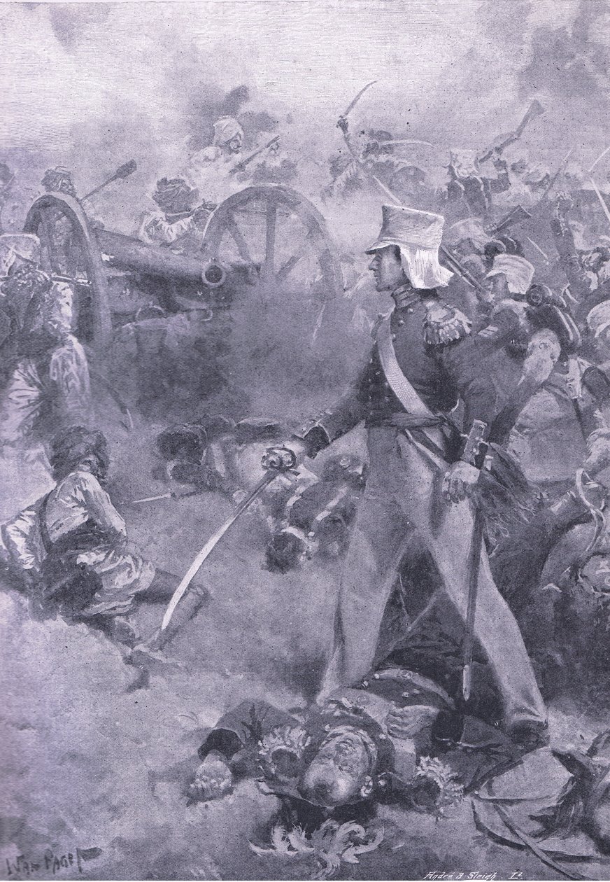 Chilianwala, 13 stycznia 1849: Ciało Pennycuicka strzeżone przez jego syna, ilustracja z brytyjskich bitew na lądzie i morzu, 1915 autorstwa Wal Paget
