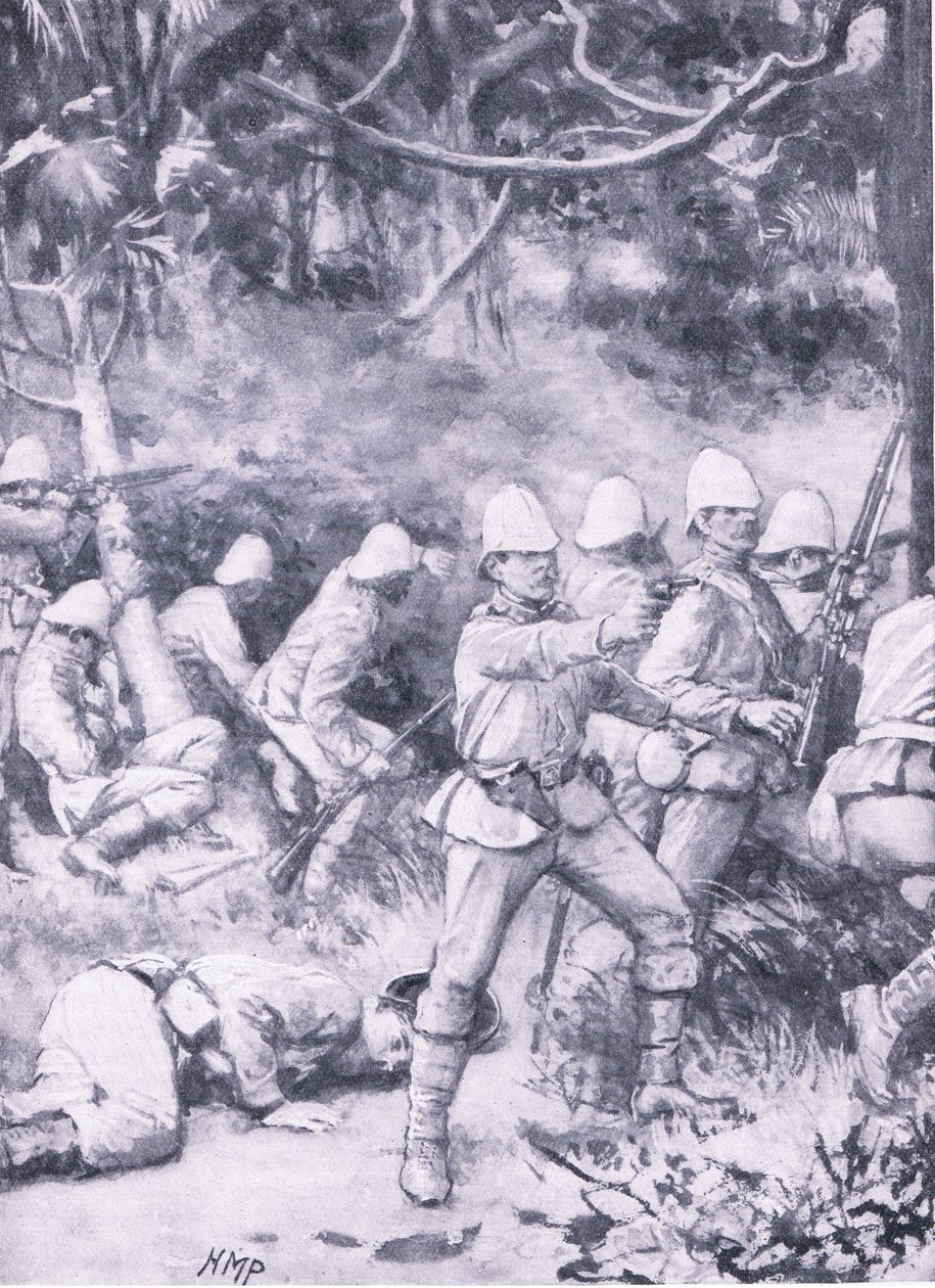 Walka na drodze przez las w drodze do Coomassie, ilustracja z „British Battles on Land and Sea” autorstwa Wal Paget