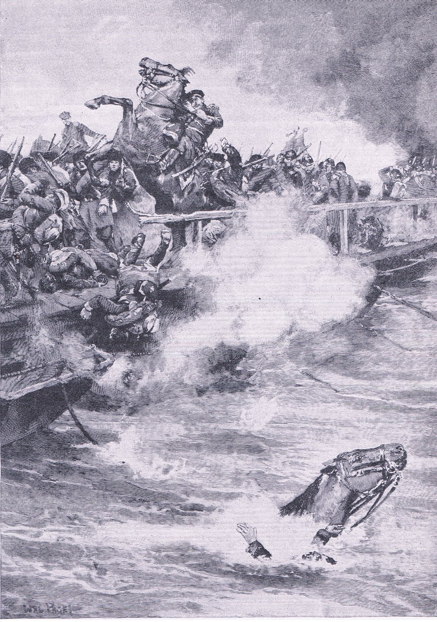 Sewastopol: Wycofanie się przez most łodzi, ilustracja z brytyjskich bitew na lądzie i morzu, 1915 autorstwa Wal Paget