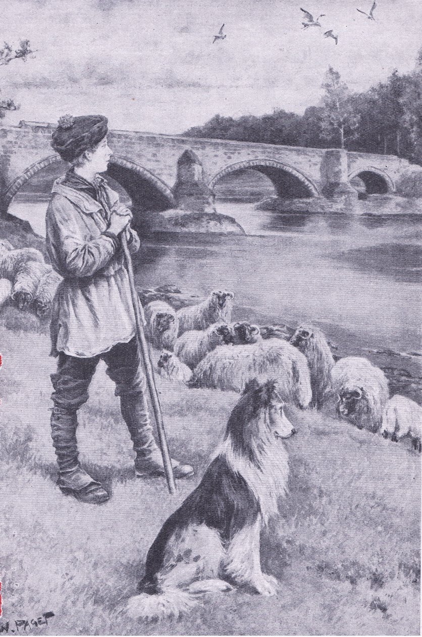 Widok starego rzymskiego mostu w Musselburgh pobudza wyobraźnię Johna Rennie pasterza, z My Magazine, wyd. 1922 (lito) autorstwa Wal Paget