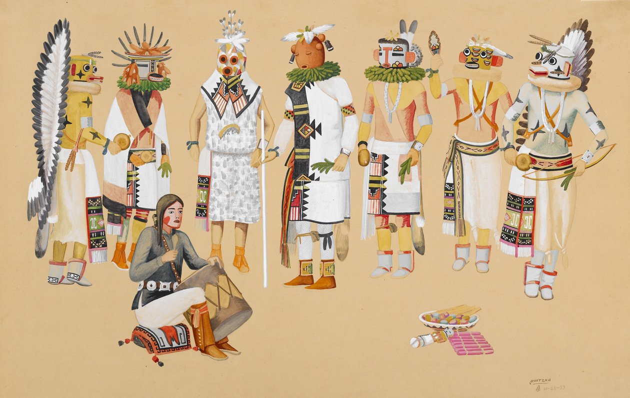 Grupa Kachinas, 1933 (tempera nad ołówkiem na papierze płowotkanym) autorstwa Waldo Mootzka