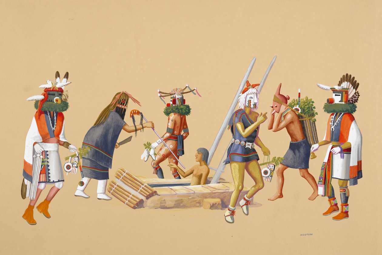 Ceremonia Powamu, 1930-40 (tempera na papierze płowotkanym) autorstwa Waldo Mootzka