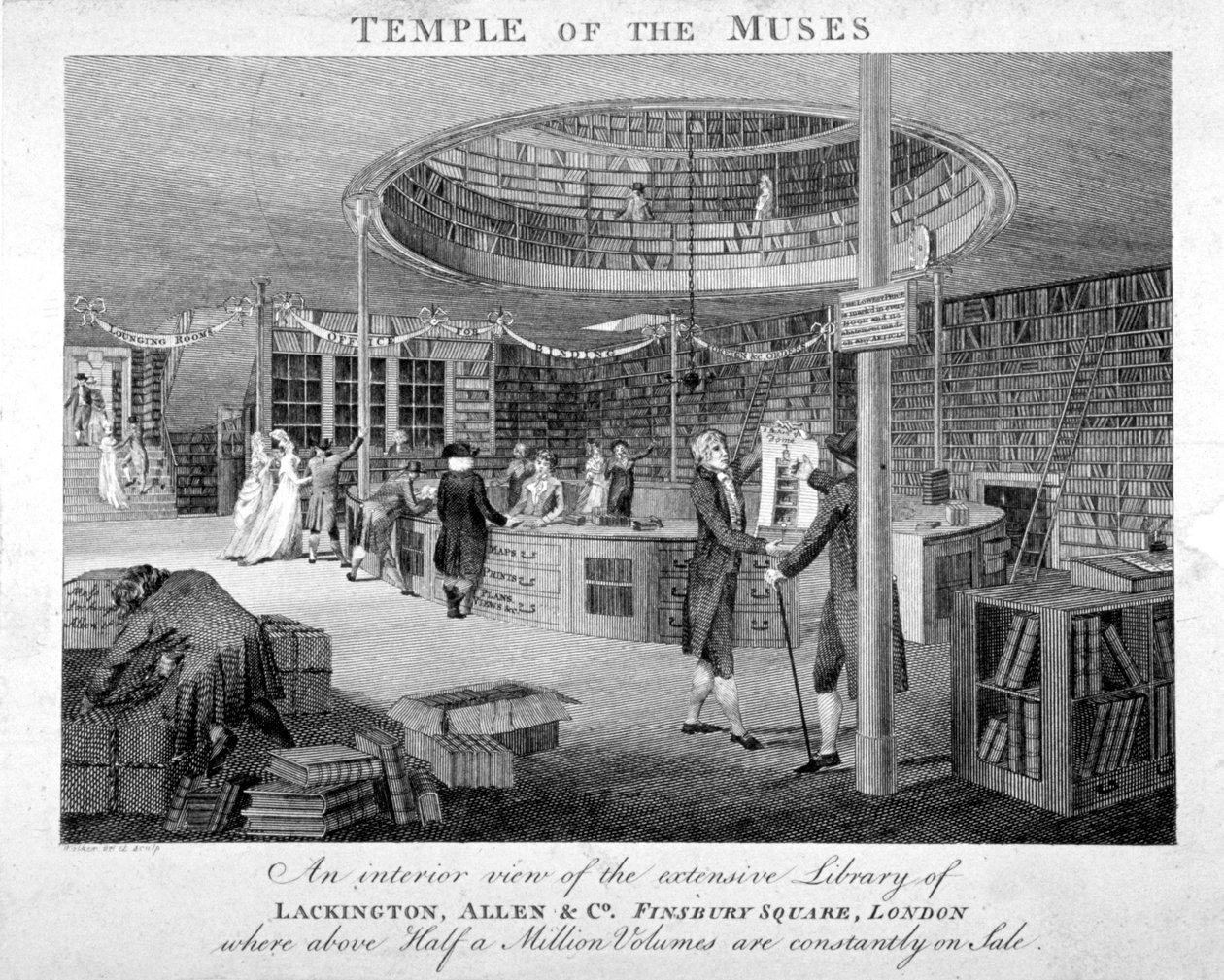 Księgarnia Świątyni Muz na Finsbury Square, Londyn, ok. 1810 r. autorstwa Walker