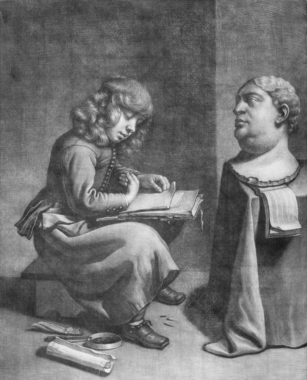 Chłopiec rysujący popiersie cesarza rzymskiego Witeliusza, ca. 1665-75. autorstwa Wallerant Vaillant
